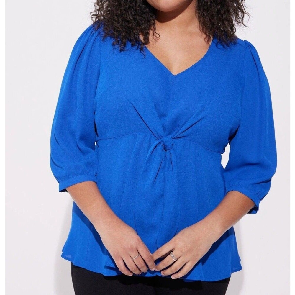 Torrid Georgette Tie-Front Semi-Peplum Blouse Royal Blue Size 00 Plus Size